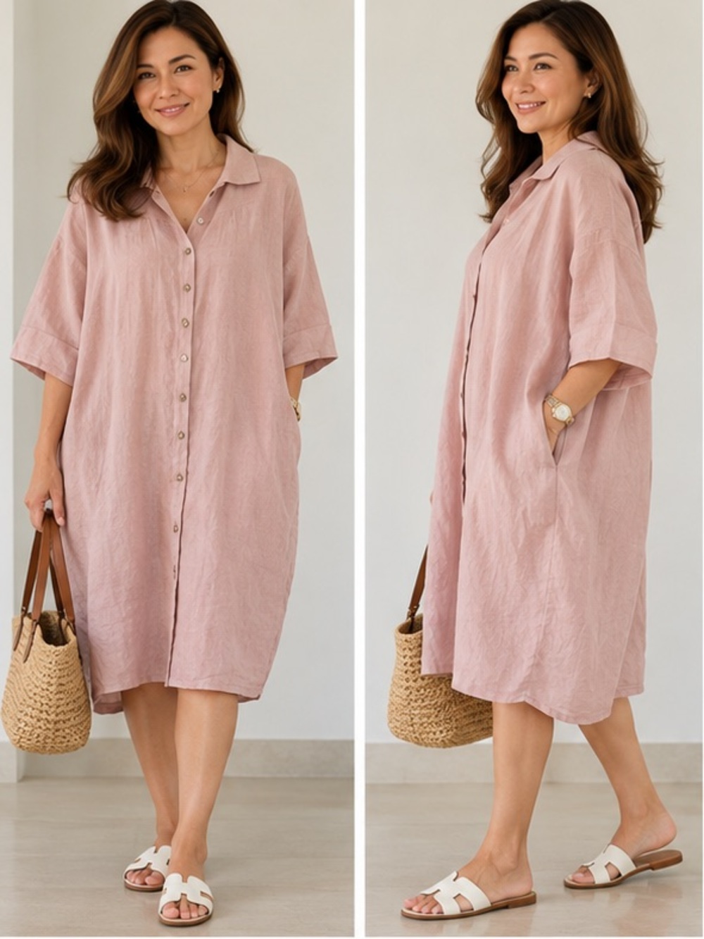 SAGA - Light Pink Linen Oversized Tunic Shirt Dress with pockets - One Size